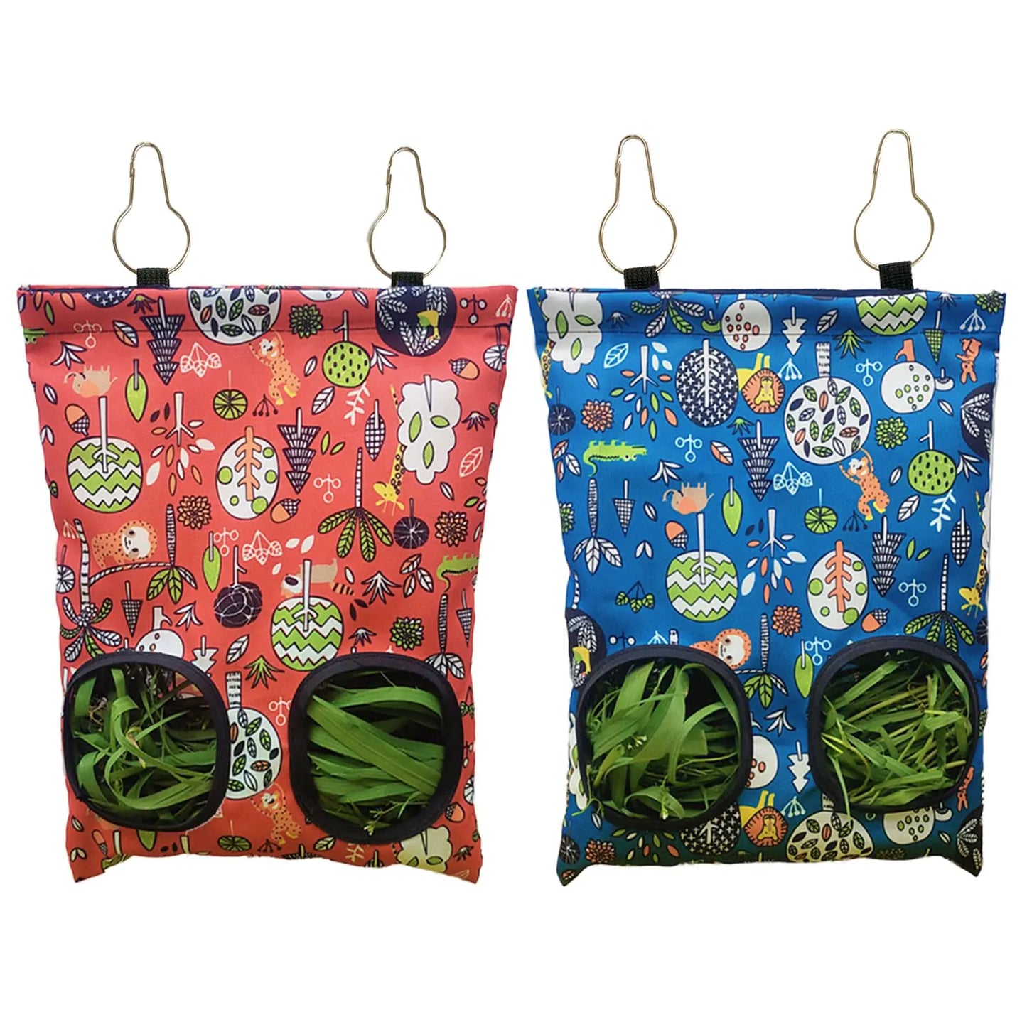 RMNHPTK Rabbit Hay Feeder Bag Guinea Pig Hay Feeder for Cage Small Animal Hanging Feeding Bags Rabbit Hay Dispenser Storage for Rabbits Guinea Pigs Bunnies Chinchillas (RedDark Blue 2 Hole)