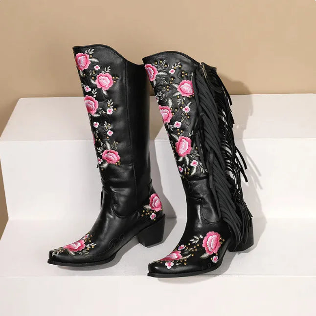 Floral Rivet Tassel High Boots