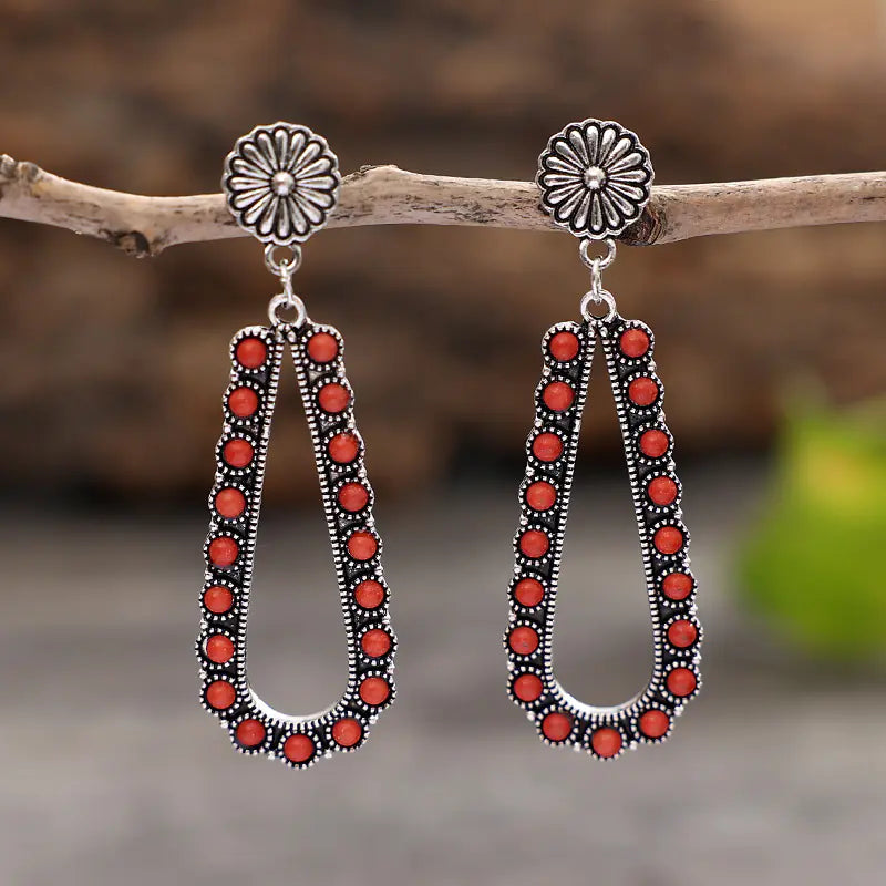 Vintage Teardrop Turquoise Hollow Western Earrings