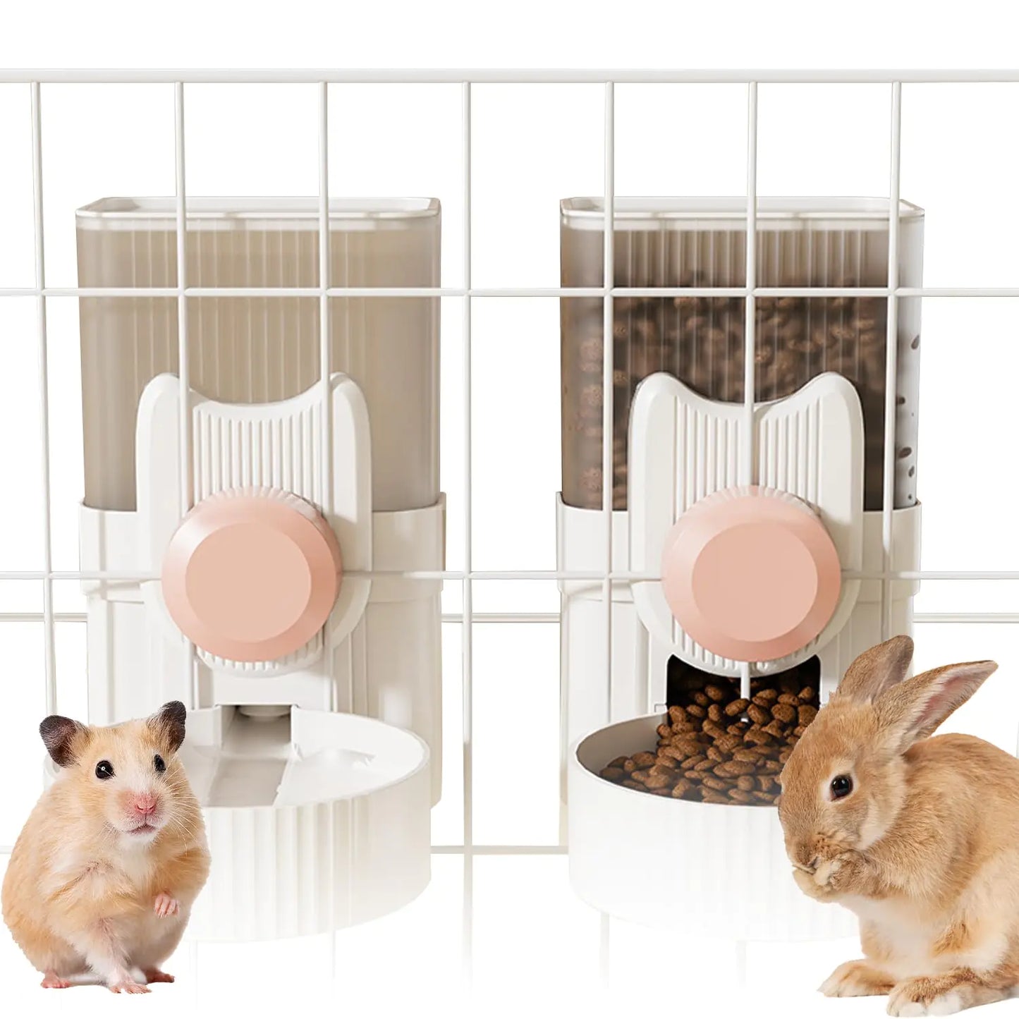 Hanging Automatic Rabbit Feeder and Water Dispenser Set Gravity Rabbit Feeder Waterer for Cage Small Animal Hanging Bottle Bowl Set Food Water Dispenser for Cat Dog Bunny Guinea (Pink)