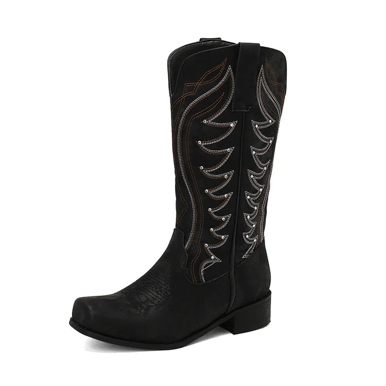 Embroidered Western Denim Mid-Heel Boots