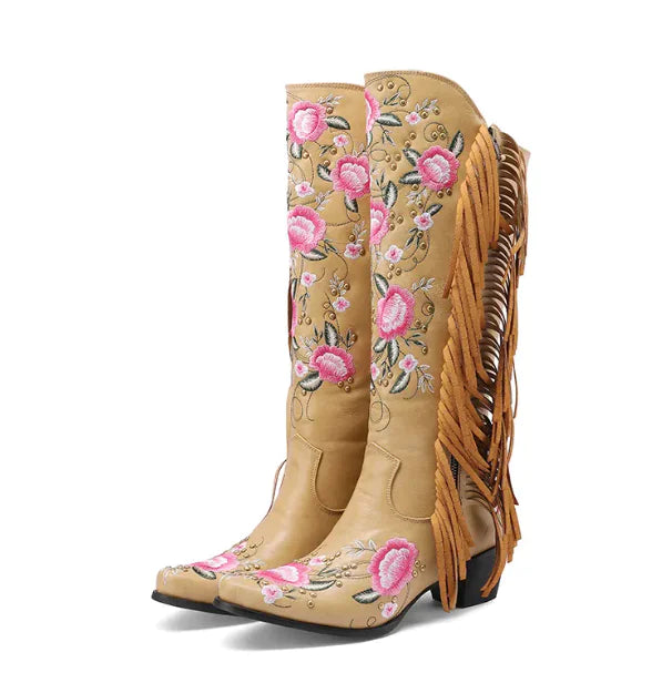 Floral Rivet Tassel High Boots