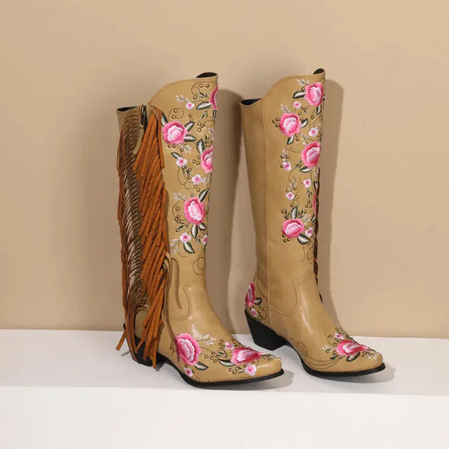 Floral Rivet Tassel High Boots