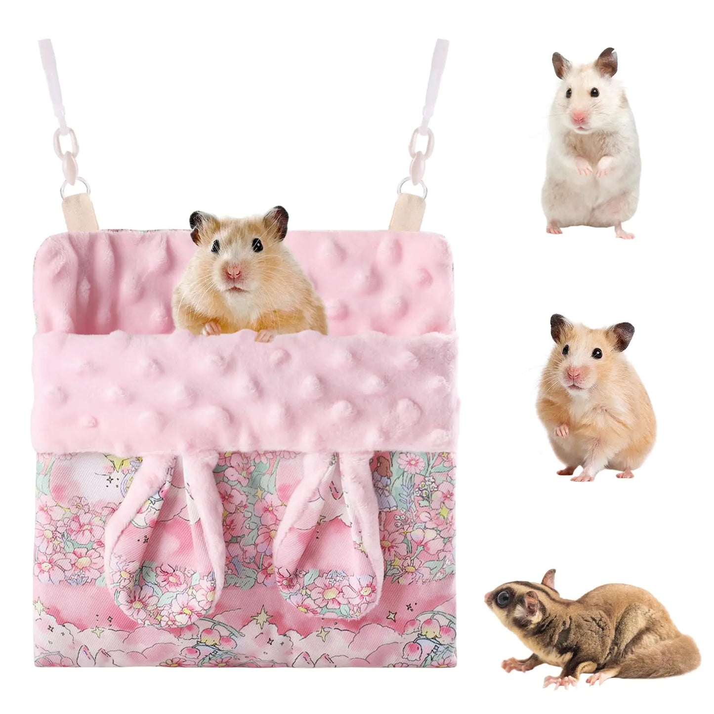 Fnaobai Sugar Gliders Sleeping Pouch Hamsters Velvet Hanging Hammocks Bed Carrier with Strap Squirrels Marmosets Guinea Pig Warm Swing Carry Pouch Cage Accessories for Small Animal (Pink)