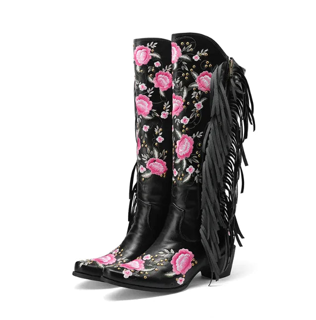 Floral Rivet Tassel High Boots