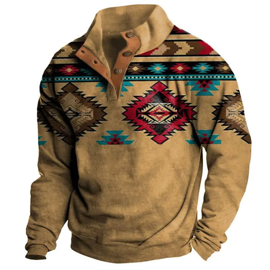DMOYALA Mens Aztec Cowboy Sweatshirt Western 3D Printed Brown Enthic Retro Western Style Jackets Fall Warm Hoodies Casual Long Sleeve Country Sweatshirts for Men