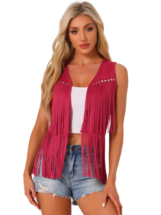 Allegra K Women's Red Faux Suede Fringe Vest