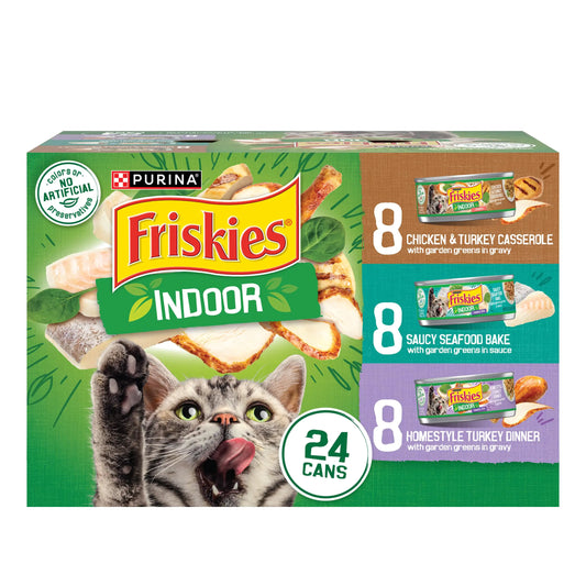 Purina Friskies Indoor Cat Food 24ct VP - (Chicken and Turkey Casserole Saucy Seafood Bake Homestyle Turkey Dinner) - (Pack of 24) 5.5 oz. Cans