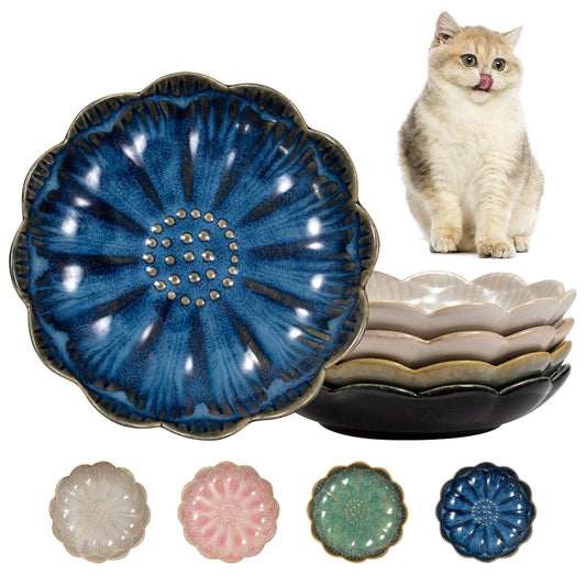 Qucey Ceramic Cat Food Plate Set of 4 5.5 inch Shallow Cat Food Bowl Whisker Friendly Flat Cat Bowls Cat Dishs for Wet Food Microwave and Dishwasher Safe