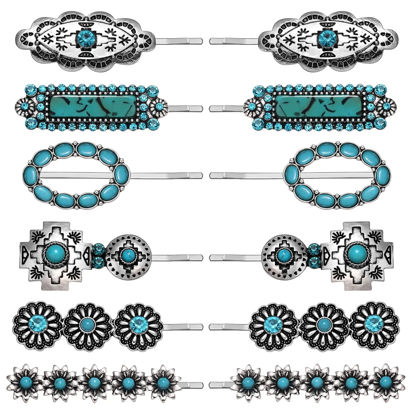 Turquoise Blossom Hair Clips - Cowgirl 12 Pack