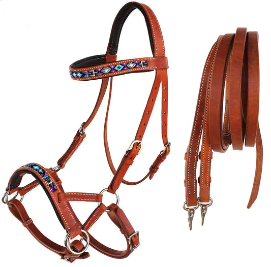CHALLENGER Horse Western Padded Leather Beaded Bitless Sidepull Bridle 77RT25TN-F