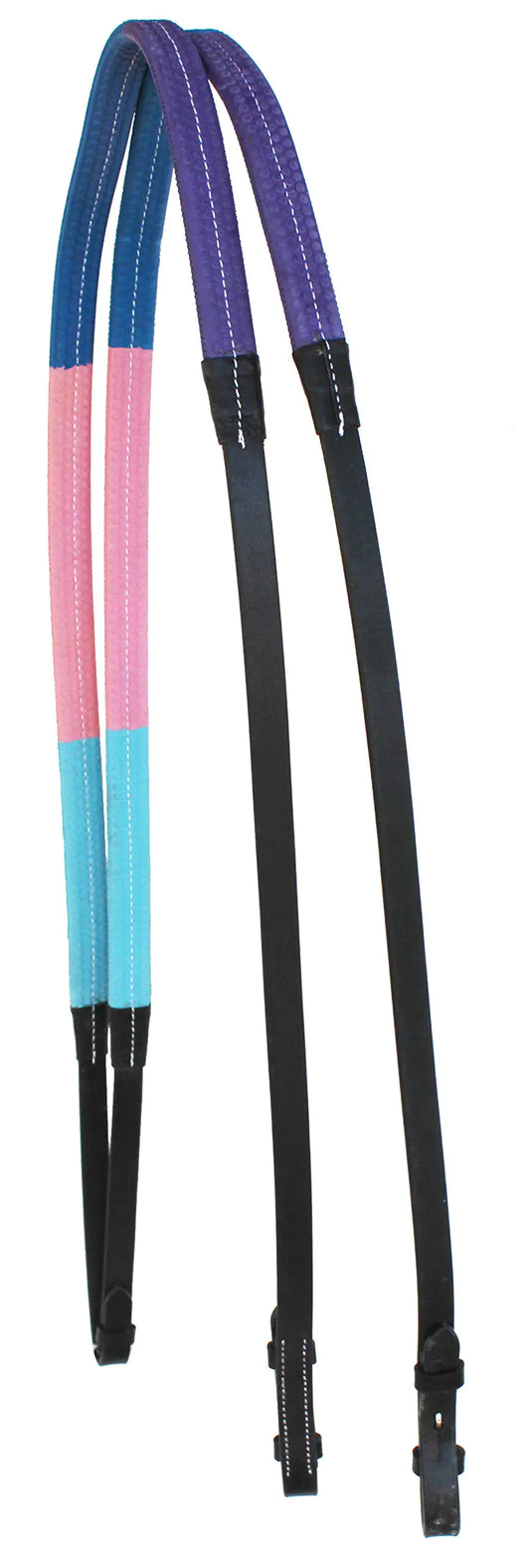 CHALLENGER 54" Horse English Black Leather Rubber Grip Multicolor Training Reins 805LR09