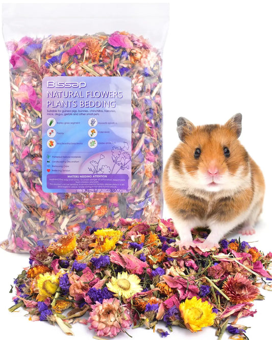 Bissap Natural Flower & Herb Hamster Bedding 300g/10.5oz Small Animal Flower Habitat Decor for Syrian Dwarf Hamster Gerbil Chinchilla Mice Degu and Other Small Pet Flower Bedding Odor Control Forage