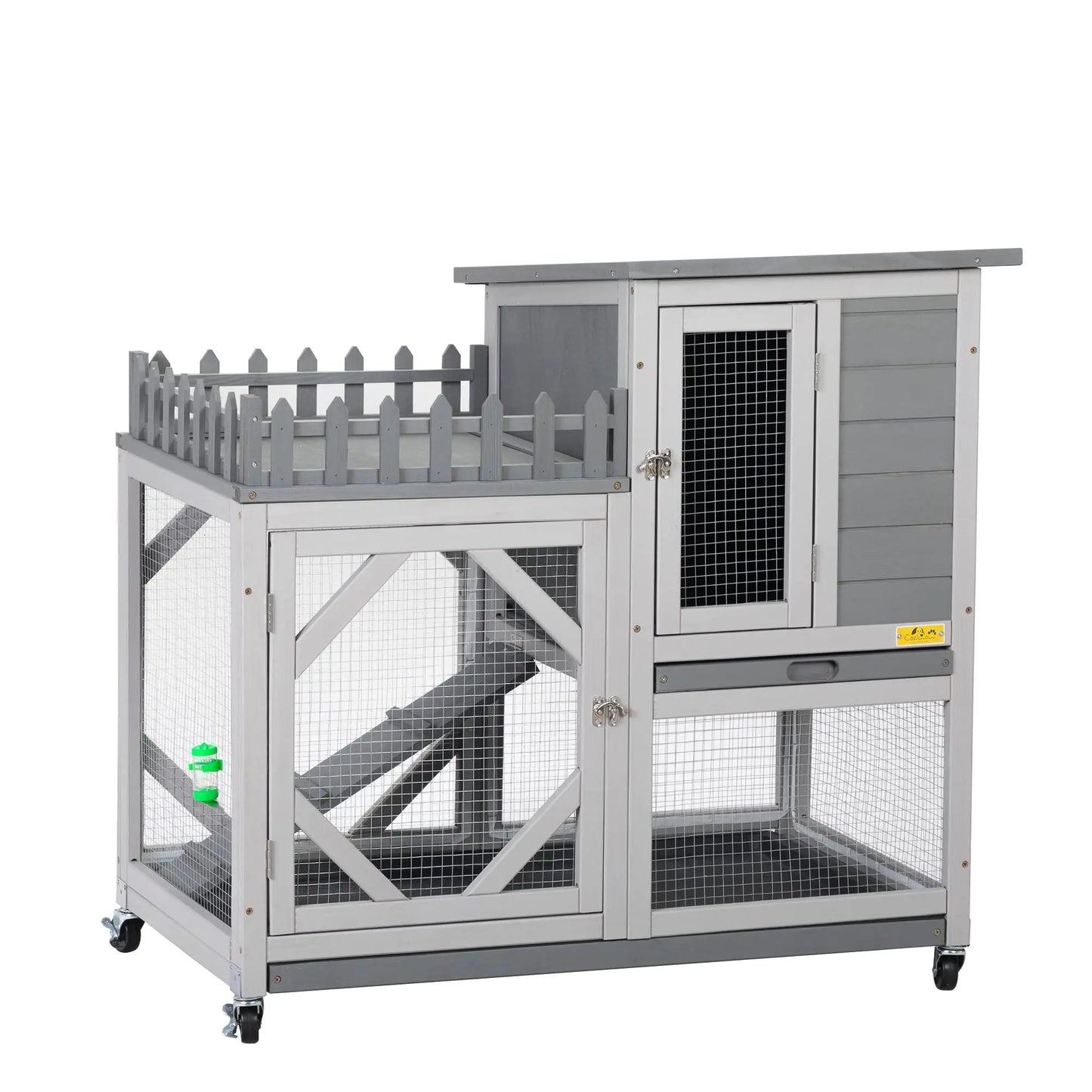 cozivvovv Rabbit Hutch with Balcony - Small Animal House Bunny Cage on Wheels for Indoor Outdoor Included Ramp Pull Out Tray Water Bottle Grey