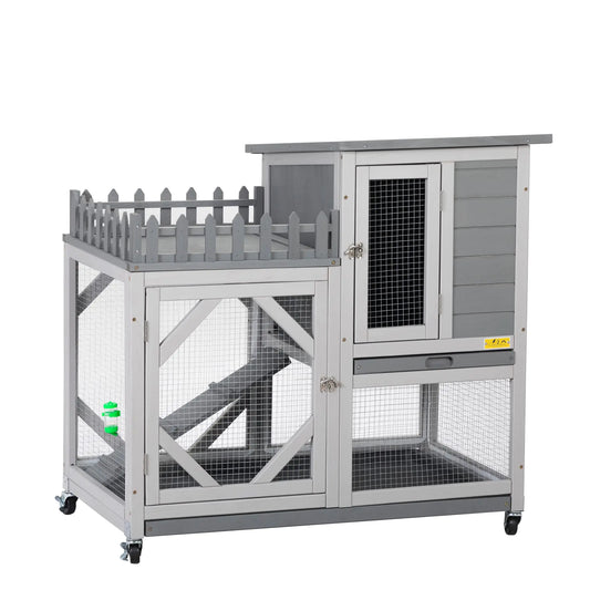 cozivvovv Rabbit Hutch with Balcony - Small Animal House Bunny Cage on Wheels for Indoor Outdoor Included Ramp Pull Out Tray Water Bottle Grey
