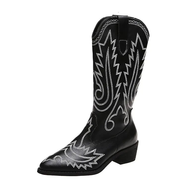 Chic Embroidered Low Heel Western Boots