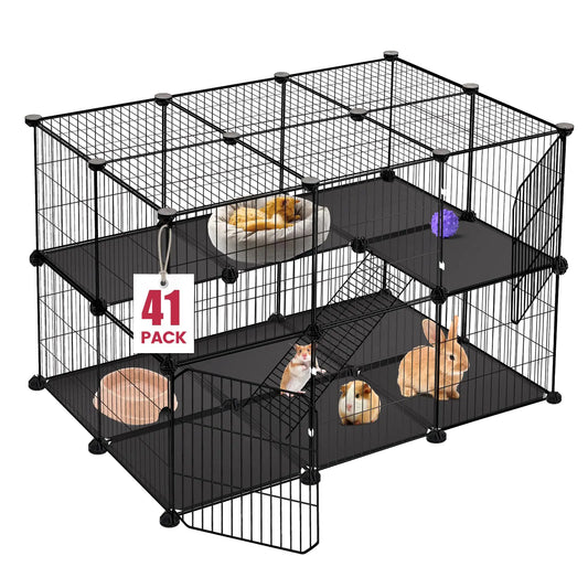 VISCOO 41 Panels Pet Playpen Small Animal Playpen with 2 Doors C&C Cage for Guinea Pigs Rabbit Bunny Hedgehogs Chinchillas Puppy Playpen Indoor Outdoor Two-Story Metal Wire Yard Fence