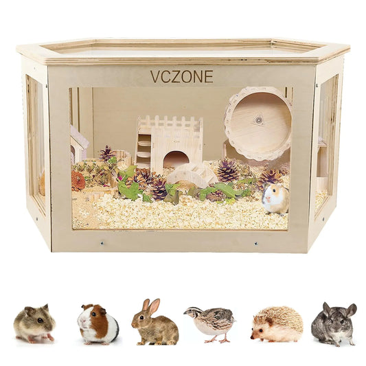 VCZONE Hexagonal Hamster Wooden Cage Acrylic Transparent Visible Design Hamster Cage for Hamster Guinea Pig Small Animal Wooden Cage Without Accessories 22X12X12