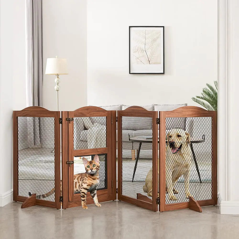 beeNbkks Freestanding Pet Gate with Cat Door Walk Through Retractable up to 87 Dog Cat Small Animal Gates for The House Doorways Stairs Metal Mesh Wooden Indoor Pet Barrier with Support Feet
