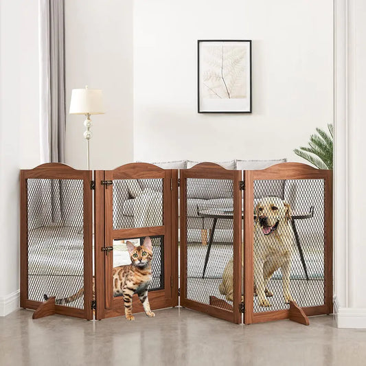 beeNbkks Freestanding Pet Gate with Cat Door Walk Through Retractable up to 87 Dog Cat Small Animal Gates for The House Doorways Stairs Metal Mesh Wooden Indoor Pet Barrier with Support Feet