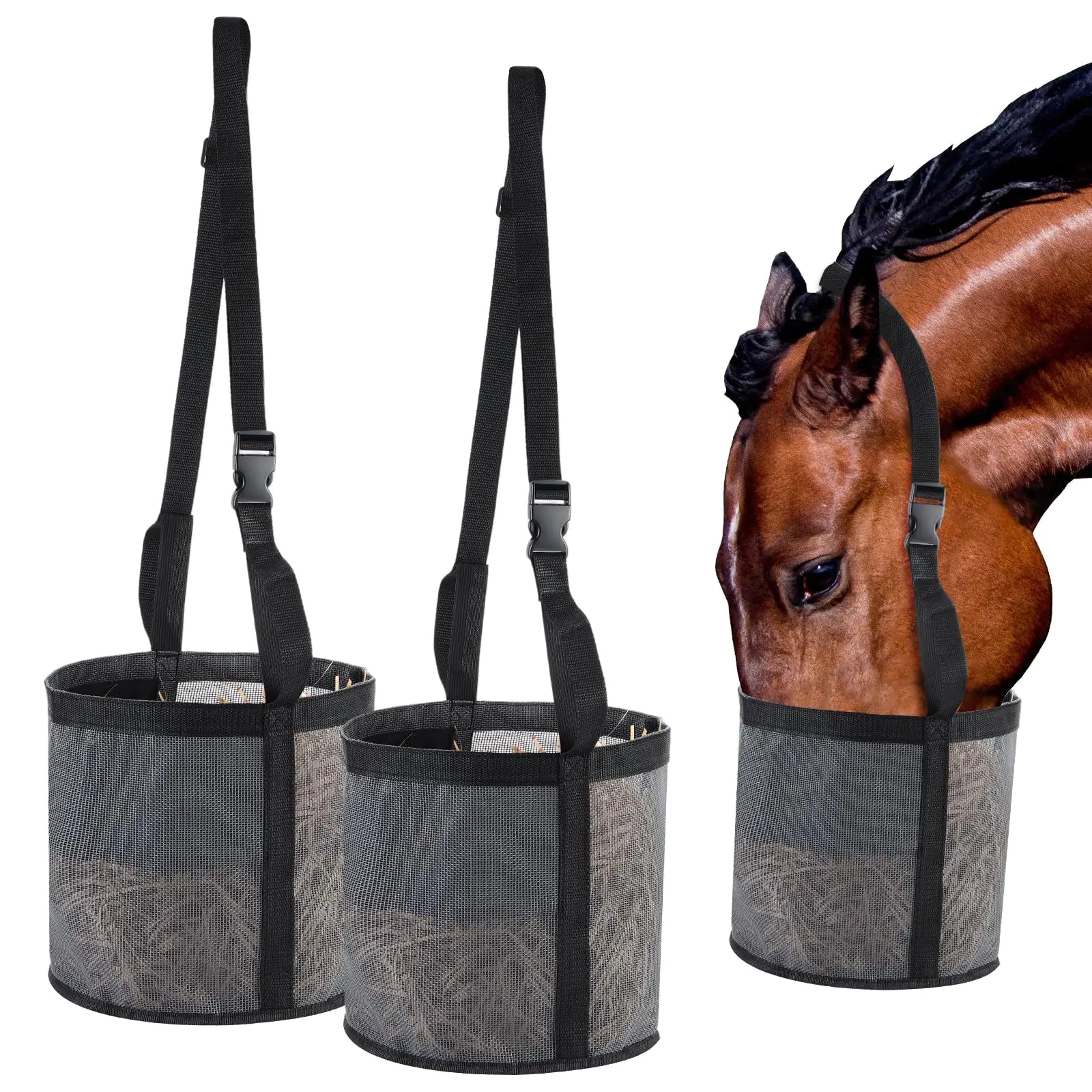 Locmeo 2 Pcs Horse Feed Bag Comfort Breathable Mesh Feed Bucket Heavy Duty Feed Bag with Adjustable Strap and Waterproof Bottom for Horse Feeding Supplies Muzzle Feed Bag Medium (Gray)