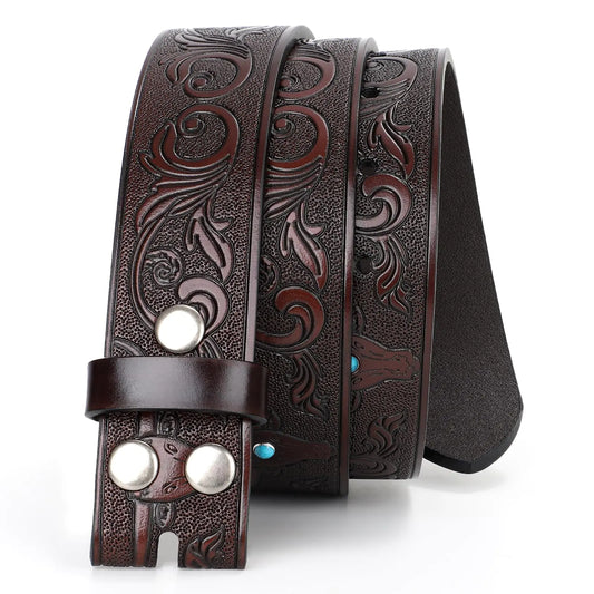 JASGOOD Men's Western Leather Belt Strap with Engraved Long Horn Bull