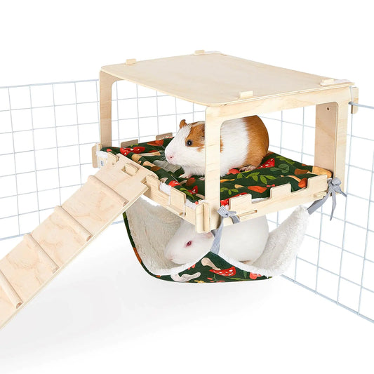 Bienbee Guinea Pig House Guinea Pig Bed with Hammock and Ramp Wooden Guinea Pig Toys with Stairs and Removable Pad in Guinea Pig Cages for Small Animal Rabbit Bunny