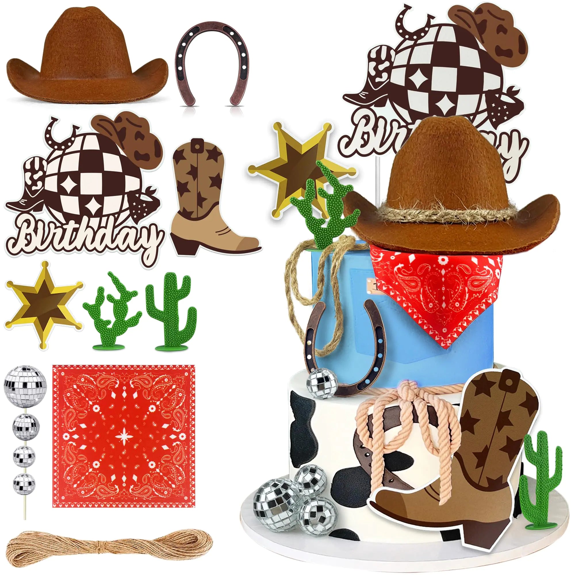 Cowboy Birthday Cake Topper Cowboy Cowgirl Hat Scarf Western Rodeo Theme Decoration for Birthday Baby Shower Western Theme Party Favors Supplies (Brown)