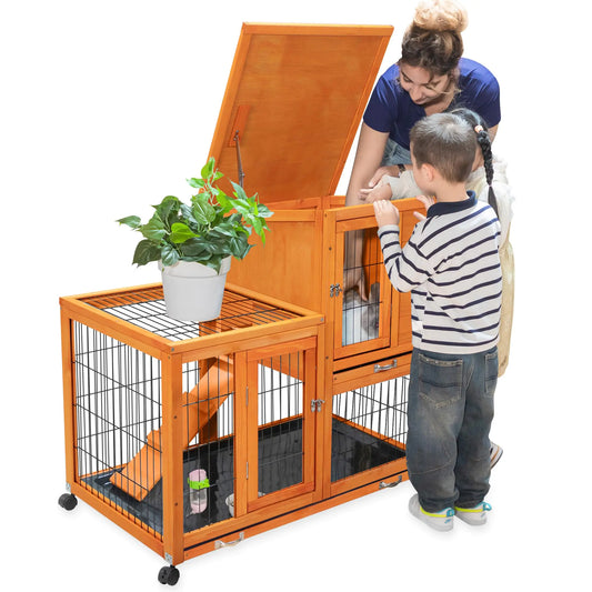 Rabbit Cage Bunny Hutch Indoor Outdoor with Wheels 2 Removable Bottom Trays Waterproof Roof Large Wooden Small Animal House Enclosure 39" L x 24" W x 37" H Orange