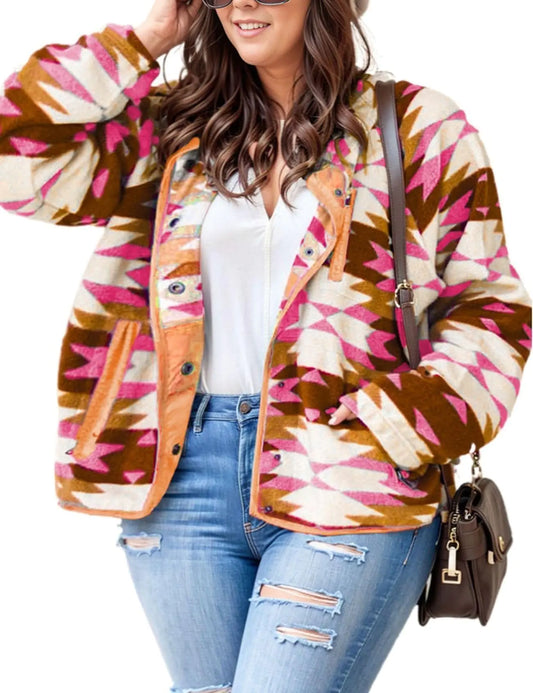 Happlan Womens Aztec Fleece Sherpa Jacket with Pockets