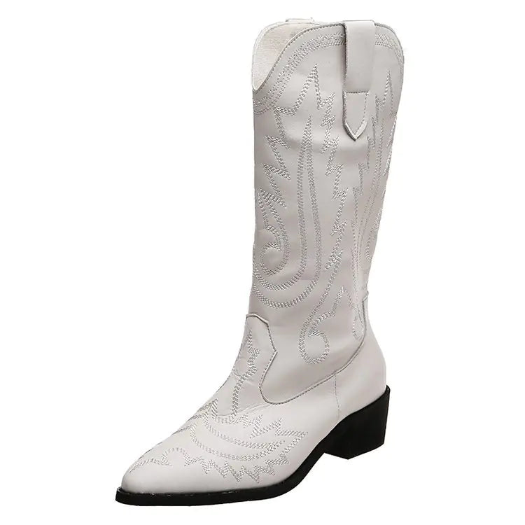 Chic Embroidered Low Heel Western Boots