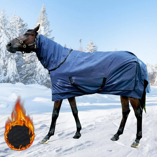 Waterproof Horse Turnout Blanket，Medium Weight Winter HorseTurnout Blanket (220g Fill) with Detachable Neck Cover，Blanket for Horse - Blue - 72 in