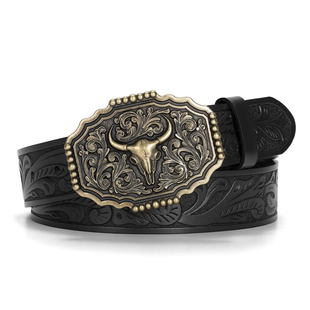 LALATCH Western Leather Belts with Bull Buckle for Men and Women