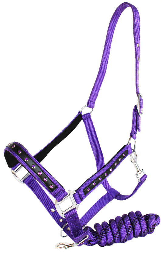 ProRider Nylon Horse Halter Nylon Padded Lead Rope Tack Purple Bling Rodeo 606162PR