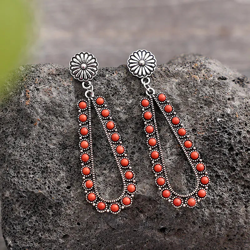 Vintage Teardrop Turquoise Hollow Western Earrings