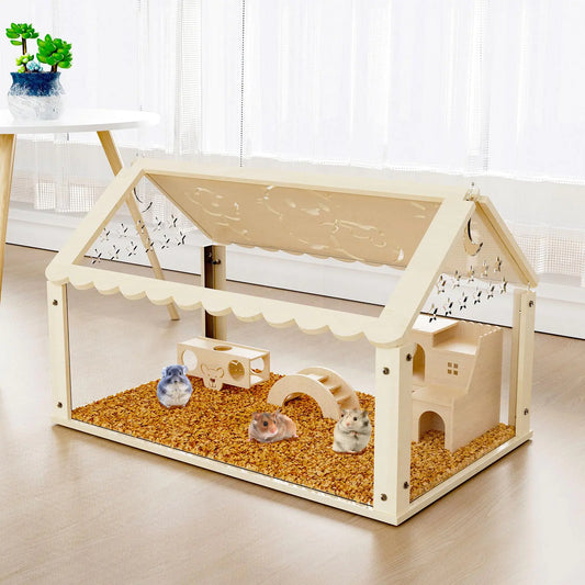 31inch Hamster cage Wooden with Acrylic Dwarf Hamster cage Small Animal Habitat with Openable Top Mouse cage for Guinea Pigs Chinchillas Gerbil Syrian Hamster (31inch)