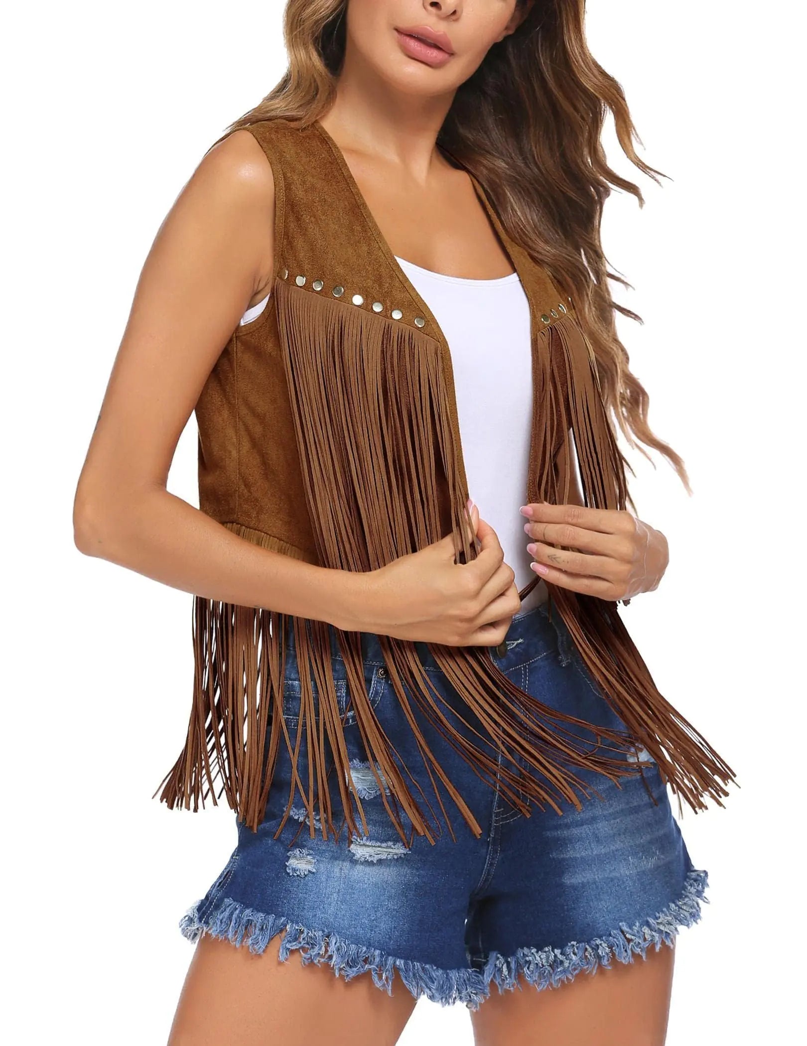 HOTLOOX Womens Suede Tassel Vest Hippie 70s Cowgirl Brown M