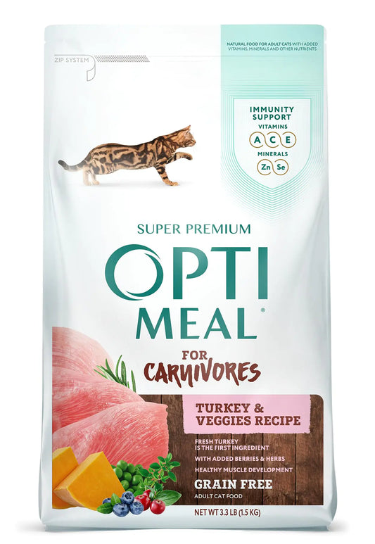 Optimeal Grain Free Cat Food Healthy, Dry Recipe for Gut Health Tasty Dry Cat Food with Immunity Support for Adult Cats (3.3 lbs Turkey & Veggies)