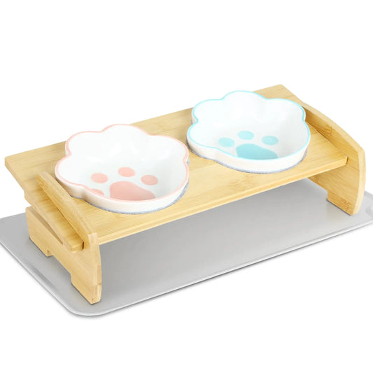 Focxoio Elevated Ceramic Cat Bowls Tilted Cat Food Bowls Ceramic Cat Bowls for Indoor Cats Dog Food Bowl with Cat Food Mat Blue+Pink