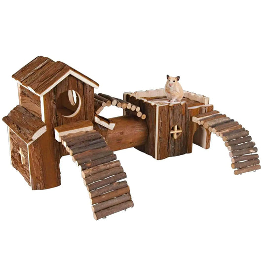 Natural Wooden Hamster Tunnel Playground Small Animal Multi-Room Hideouts Houses with Climbing Ladders & Bridge for Dwarf Hamster Mice and Other Small Animals18.5 * 8.7 * 6 in