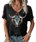 Cowgirl Country V-Neck Graphic Tee (Black/Cow3)
