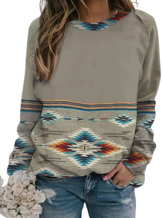 HOTYD Womens Vintage Western Sweatshirts Ethnic Aztec Printed Graphic Sweatshirts for Women Long Sleeve Sweatshirts for Women Crew Neck Sweatshirts for Women Vintage Sweatshirt Geometric Grey S