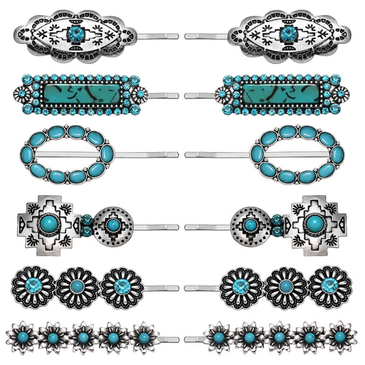 Turquoise Blossom Hair Clips - Cowgirl 12 Pack