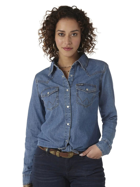 Wrangler Retro Western Snap Shirt for Women in Mid Denim