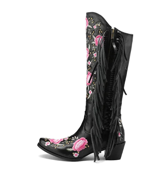 Floral Rivet Tassel High Boots