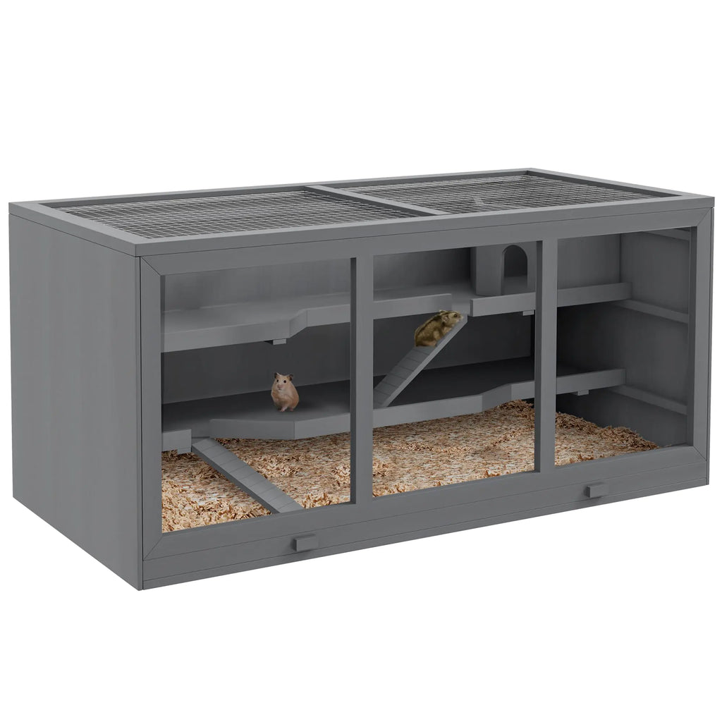 PawHut Extra Large Wooden Hamster Cage Gerbil Cage and Other Small Animal Habitat Hamster Habitat with Opening Roof Hut Ramps Gray