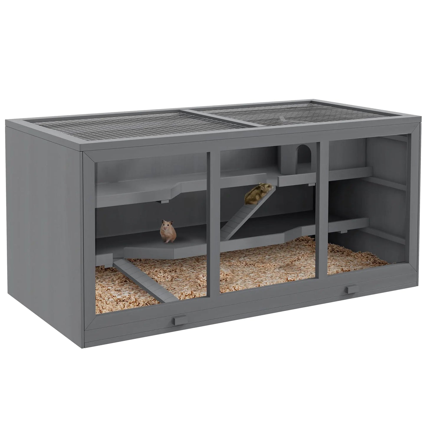 PawHut Extra Large Wooden Hamster Cage Gerbil Cage and Other Small Animal Habitat Hamster Habitat with Opening Roof Hut Ramps Gray