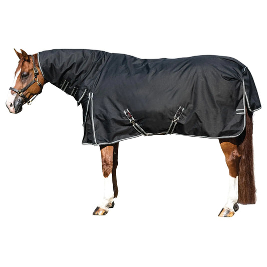 STORM SHIELD Blizzard Horse Turnout Blanket | Attached Neck Cover | Criss-Cross Surcingle | Winter Horse Blanket Waterproof | Medium Weight (220 gm) | Color Black/Grey | Size 80