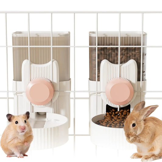 Hanging Automatic Rabbit Feeder and Water Dispenser Set Gravity Rabbit Feeder Waterer for Cage Small Animal Hanging Bottle Bowl Set Food Water Dispenser for Cat Dog Bunny Guinea (Pink)