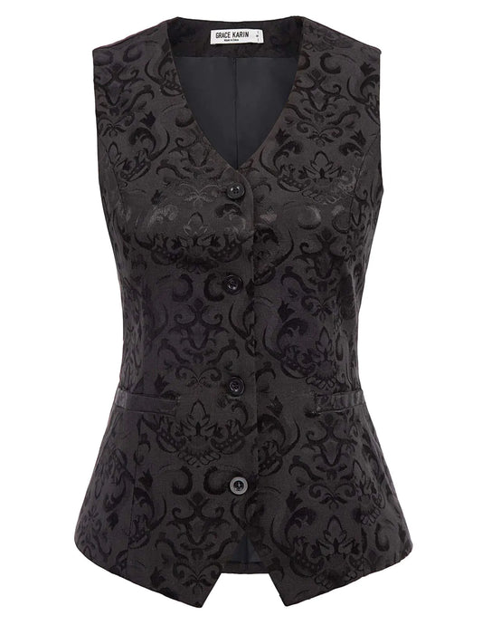 GRACE KARIN Women's Slim V-Neck Vest - Casual Jacquard Waistcoat